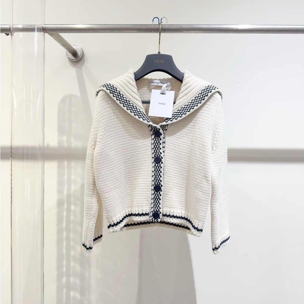 🚩steal authentic Dior Ivory Cardigan with Navy Trim